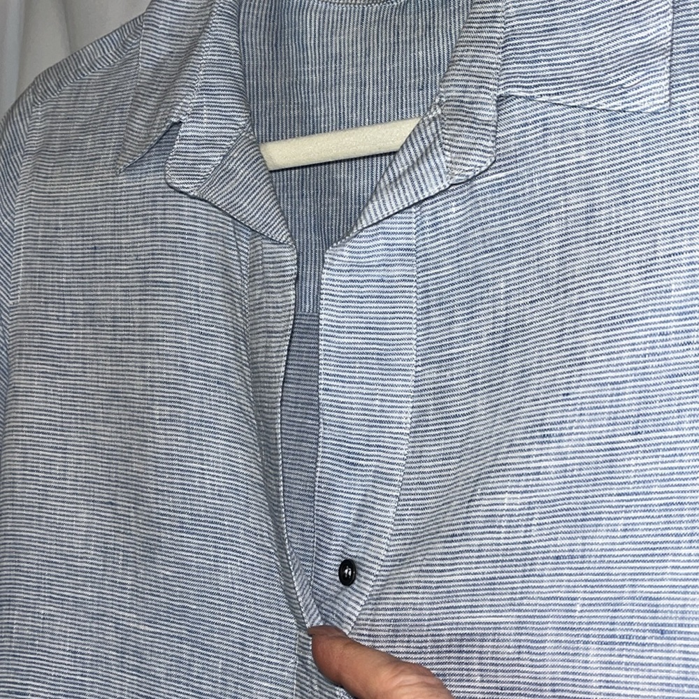 Chelsea & Theodore linen midi roll tab sleeve v neck dress Sz S blue/white - Picture 7 of 10